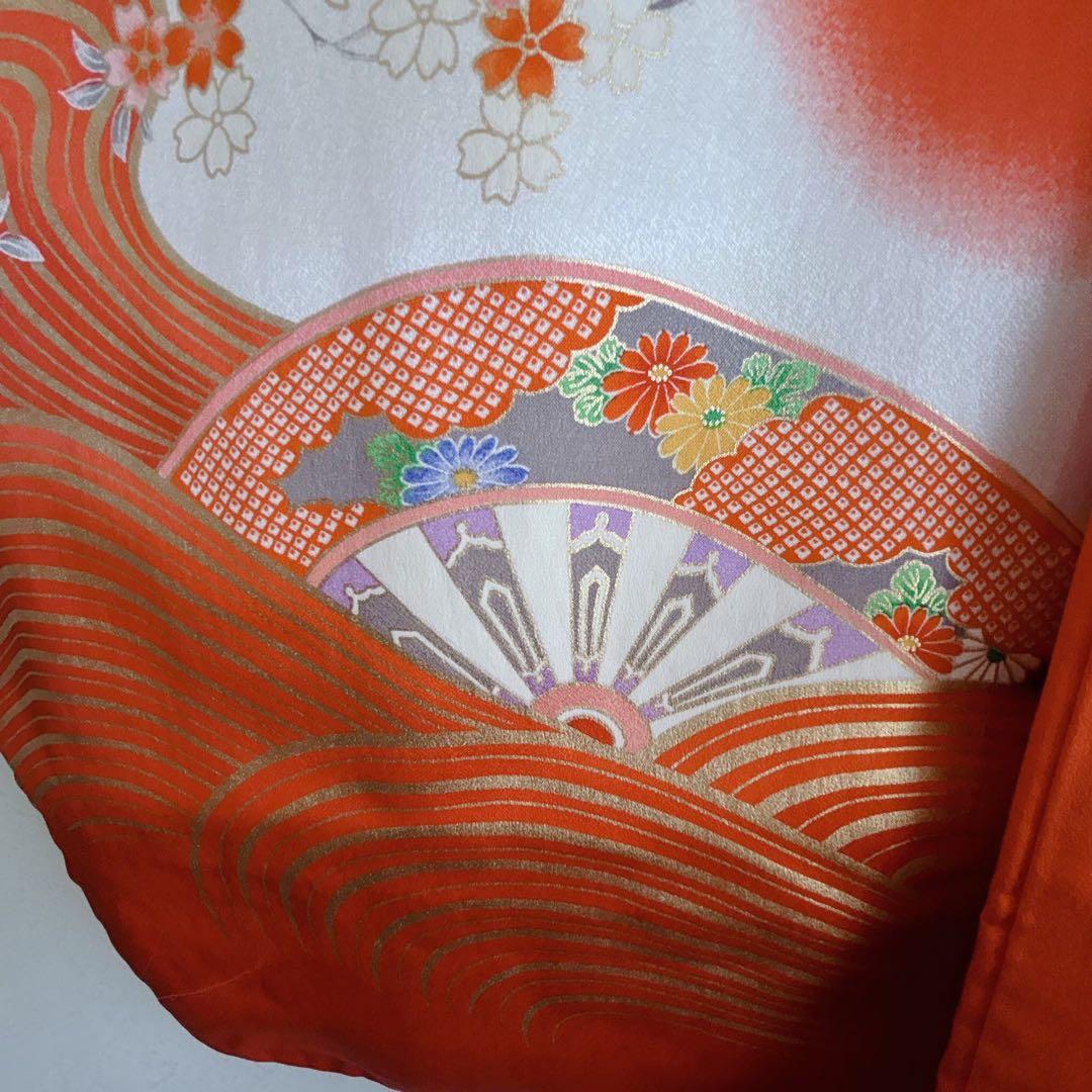 フルセット　七五三　７歳女の子　着物＆帯＆簡単半衿＆小物セット　オレンジ　鶴