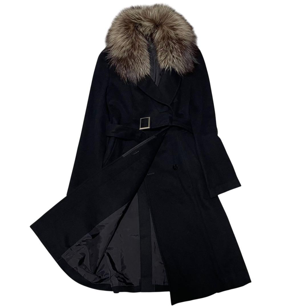 カシミヤ100%【PREMIUM】マキシ丈比翼ロングコート 特殊デザイン 黒 M