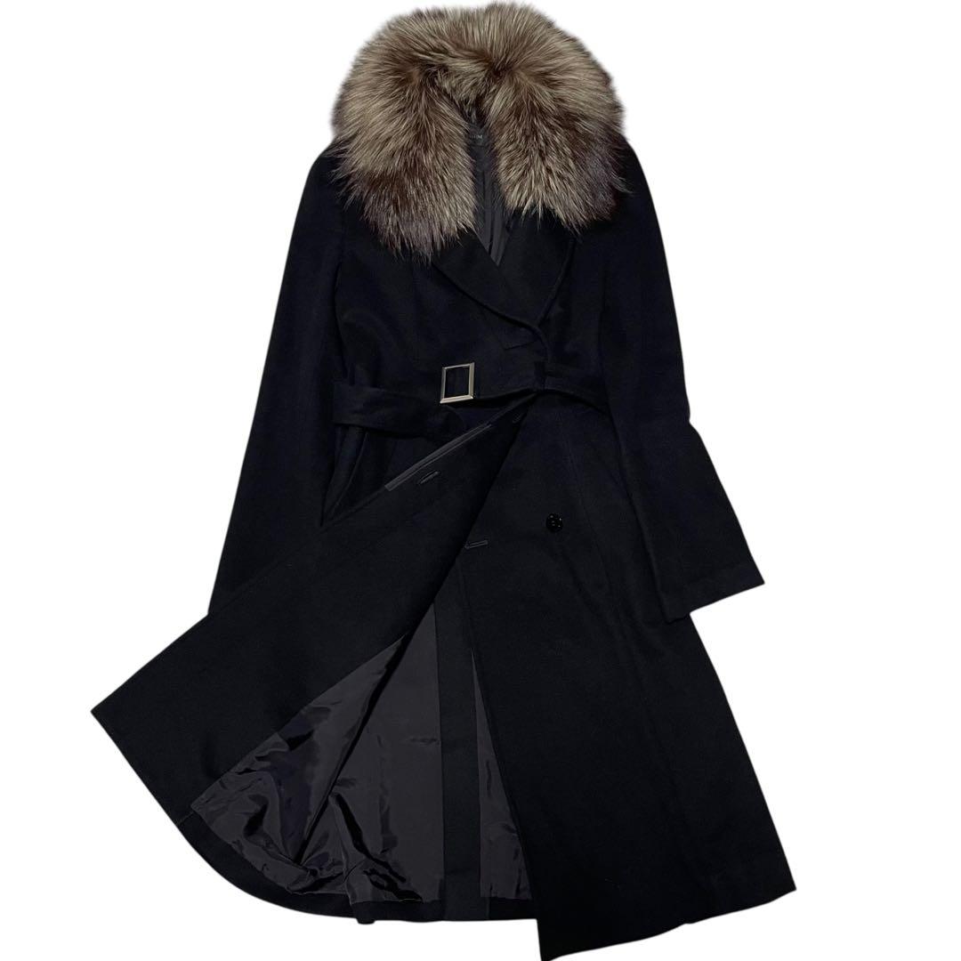 カシミヤ100%【PREMIUM】マキシ丈比翼ロングコート 特殊デザイン 黒 M