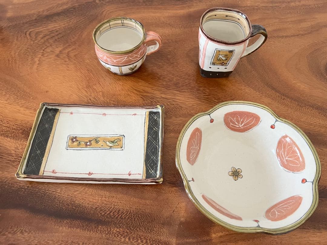 織部焼 作家器 角皿 輪花钵 マグカップ4点セット