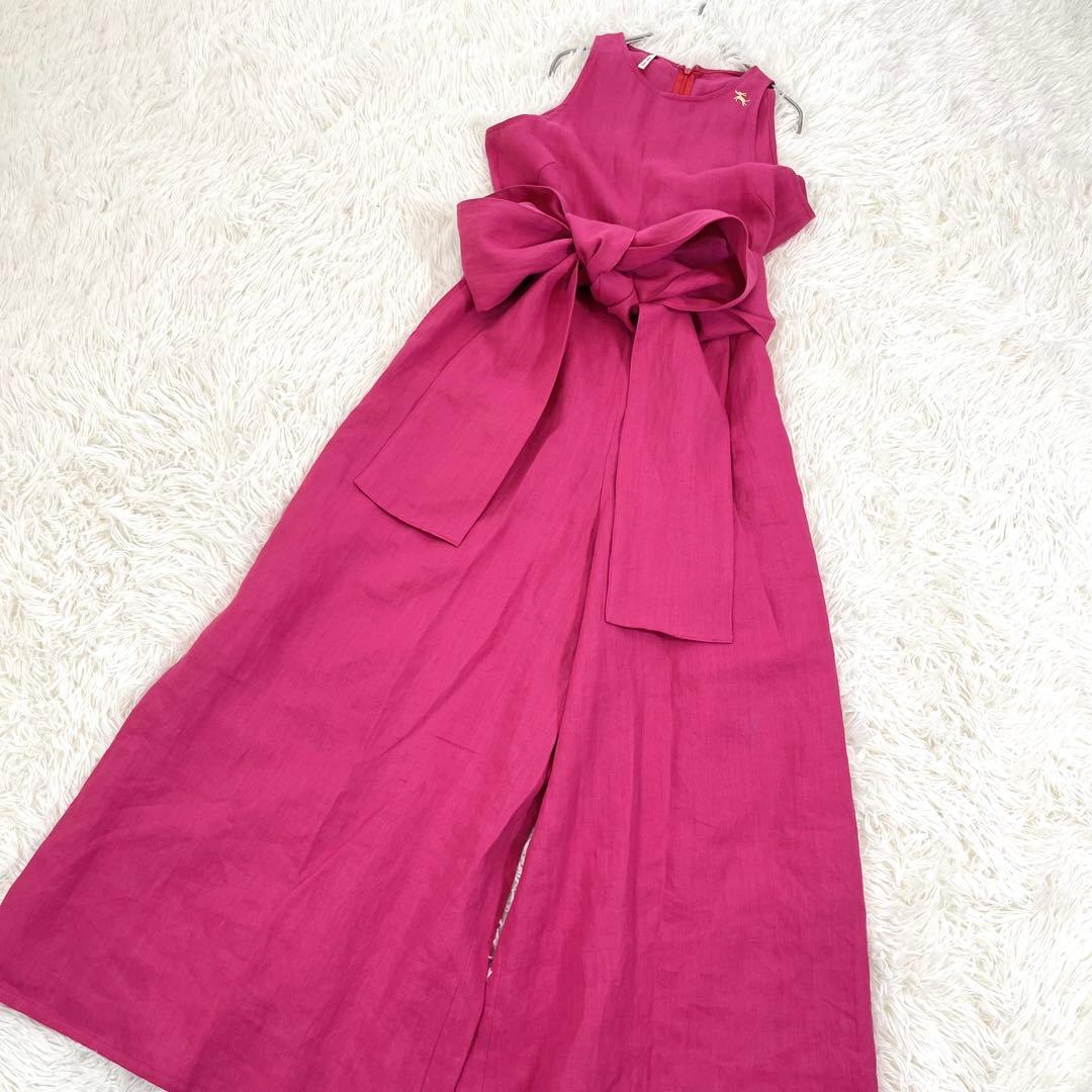 ハヤマサンデー 麻100 オールインワン リボンベルト 刺繍ロゴ ワイドパンツ