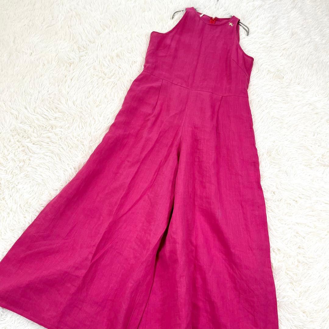 ハヤマサンデー 麻100 オールインワン リボンベルト 刺繍ロゴ ワイドパンツ