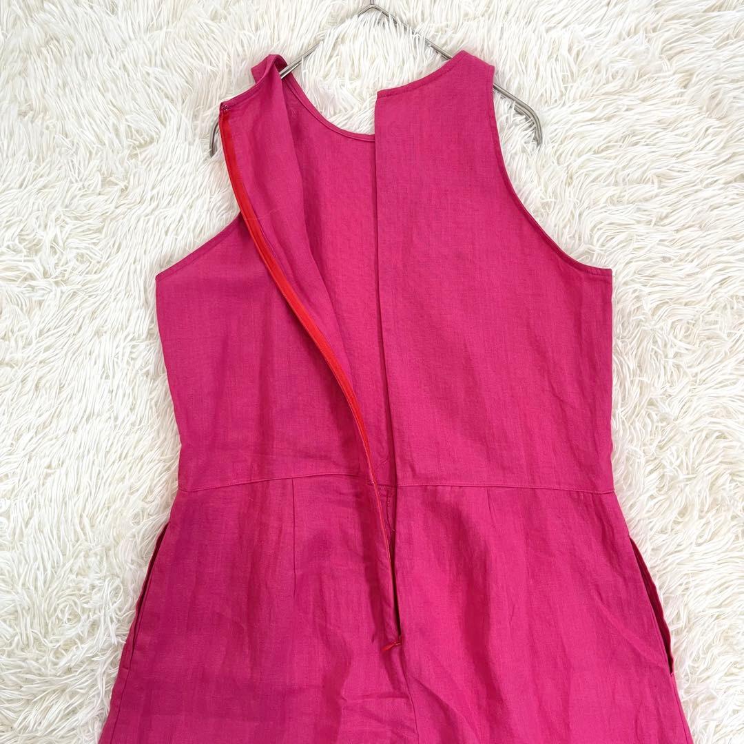 ハヤマサンデー 麻100 オールインワン リボンベルト 刺繍ロゴ ワイドパンツ