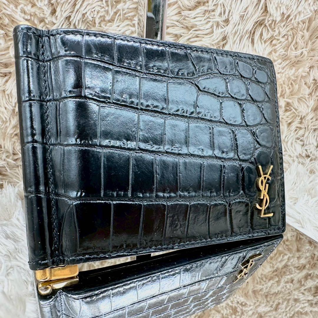 【美品】サンローラン マネークリップ ブラック クロコ YSL ゴールドロゴ