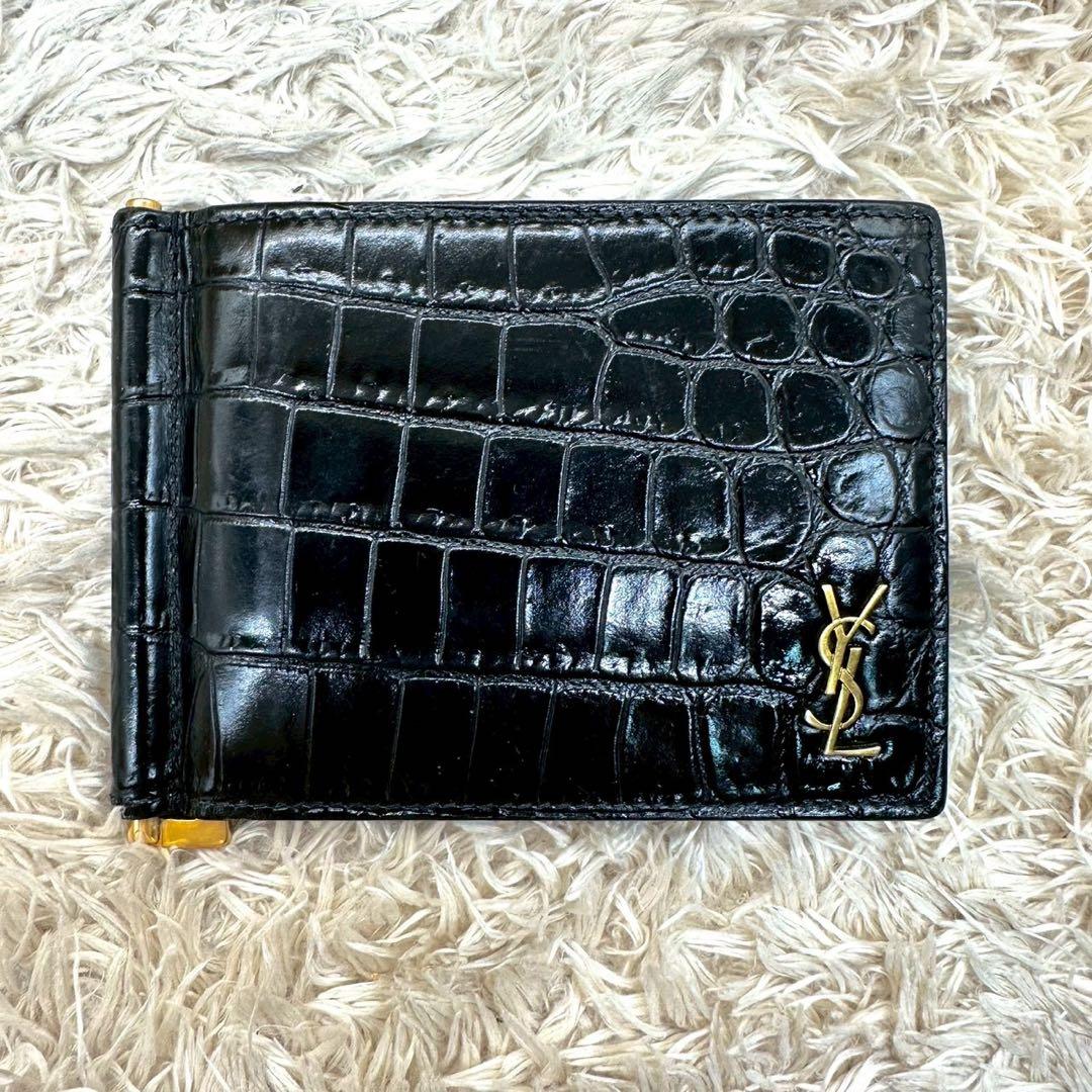 【美品】サンローラン マネークリップ ブラック クロコ YSL ゴールドロゴ