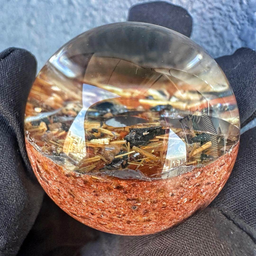 金運❗️レインボー☆タイチンルチル パイライト共生 ガーデンクォーツ丸玉A1304