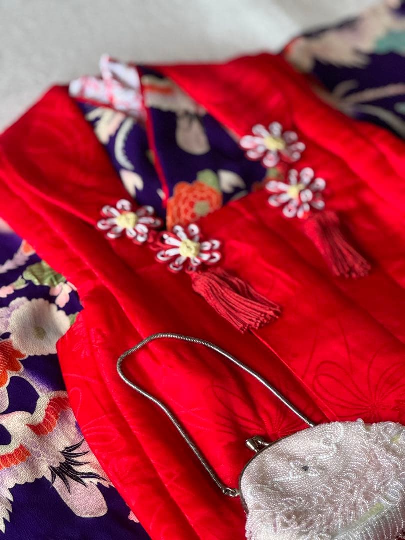 七五三に★アンティーク　大正縮緬　紫色に鳳凰　3歳着物セット