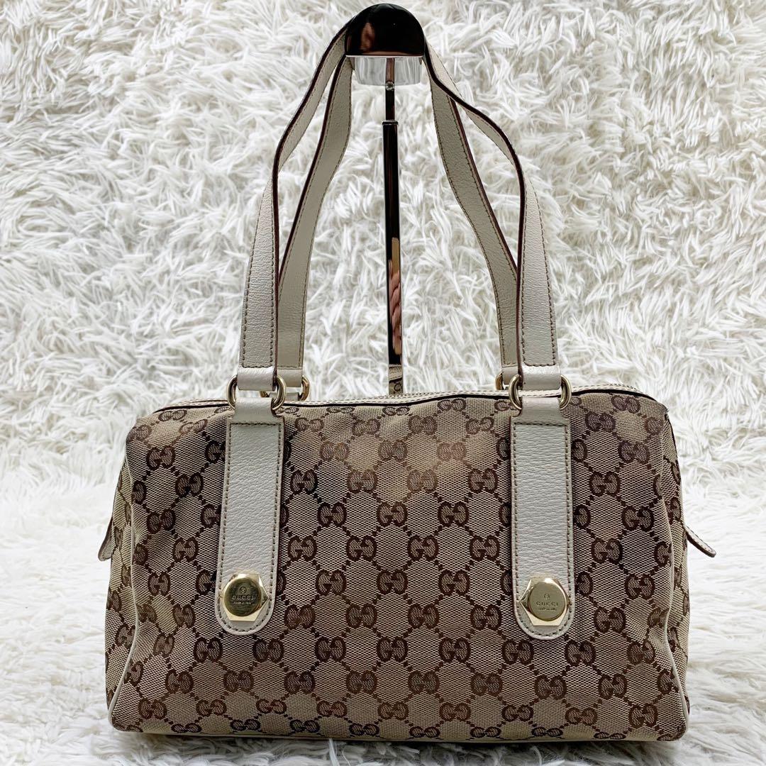 【✨美品✨】グッチ ミニボストンバッグ GGキャンバス レザー ホワイト 保存袋