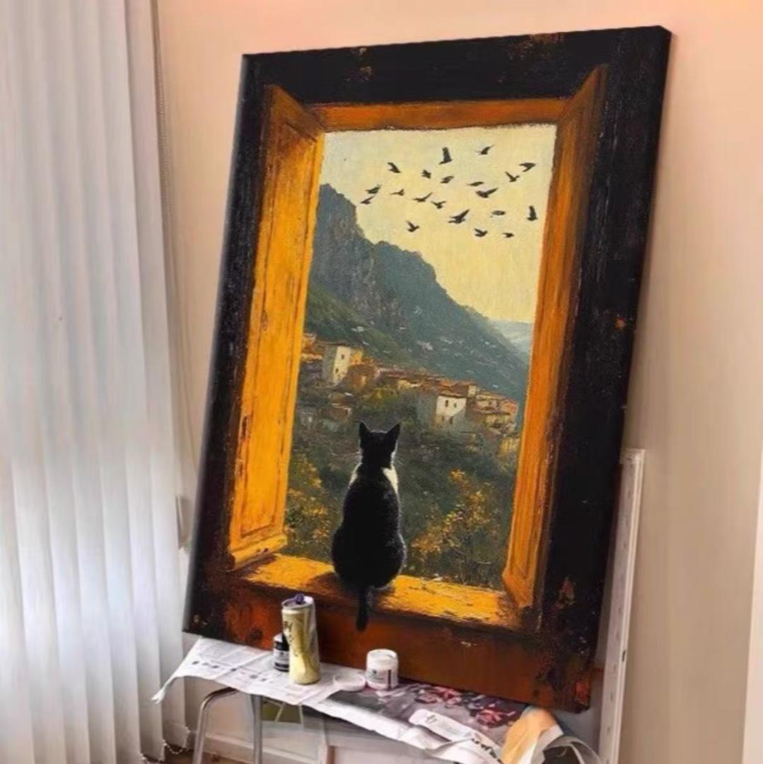 猫と風景の油絵