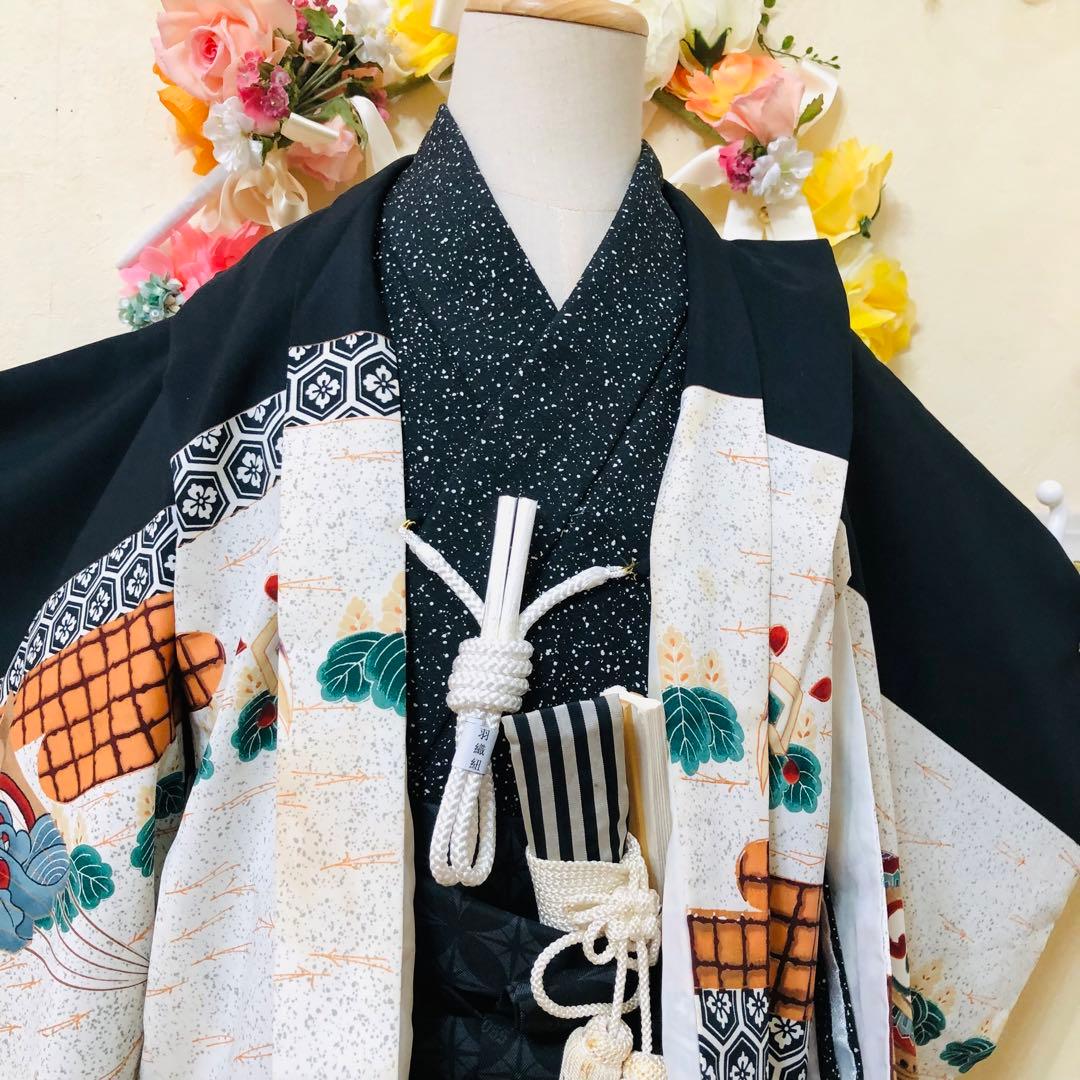 七五三５歳完全フルセット‼️黒地系兜鷹金彩煌びやか‼️袴ブランドBlue closs