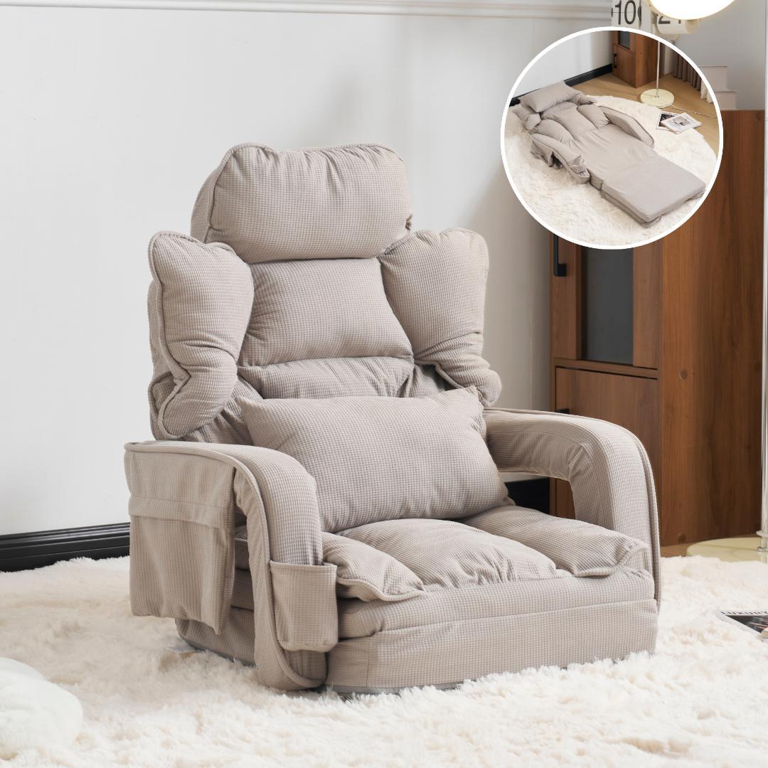 【グレー】座椅子 ソファー ソファーベッド 幅165㎝ 枕/収納ポケット付