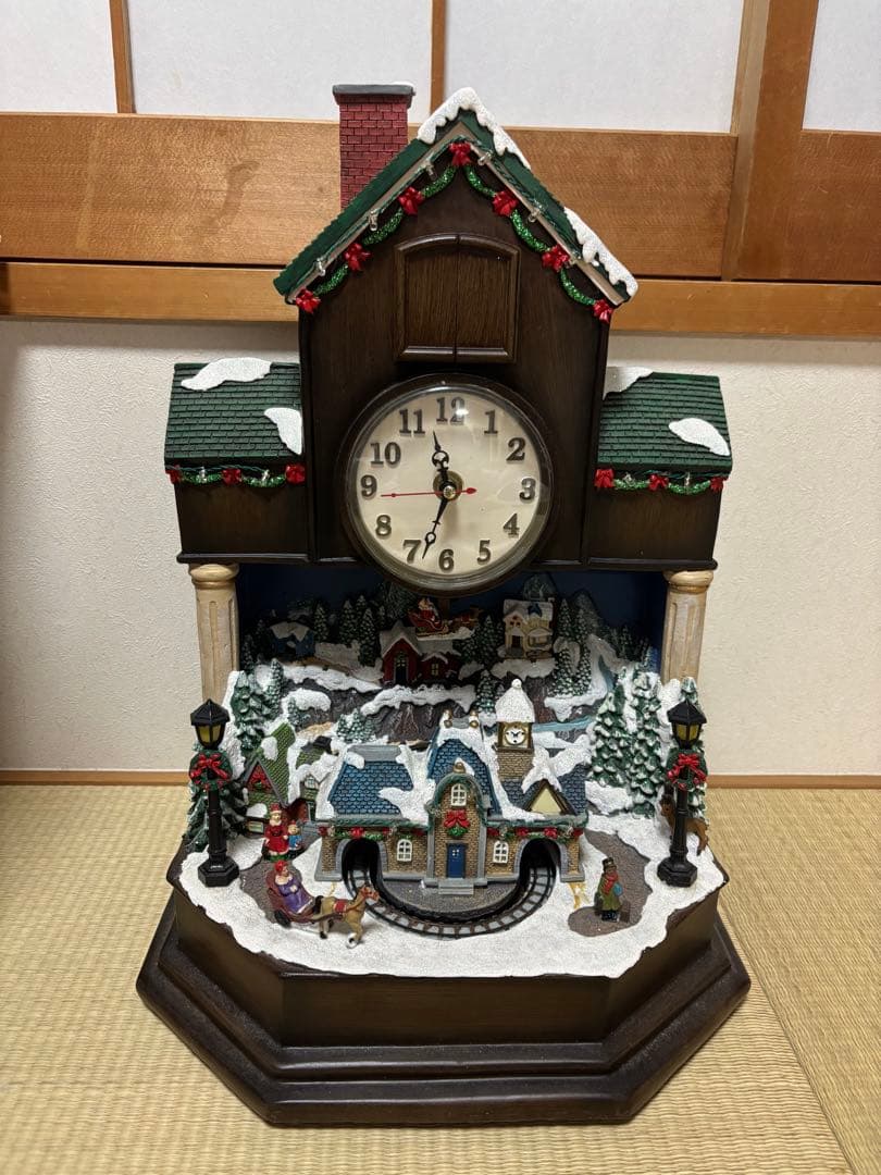 クリスマス装飾カッコウ時計、クリスマスビレッジシーン、LEDライト、音楽、