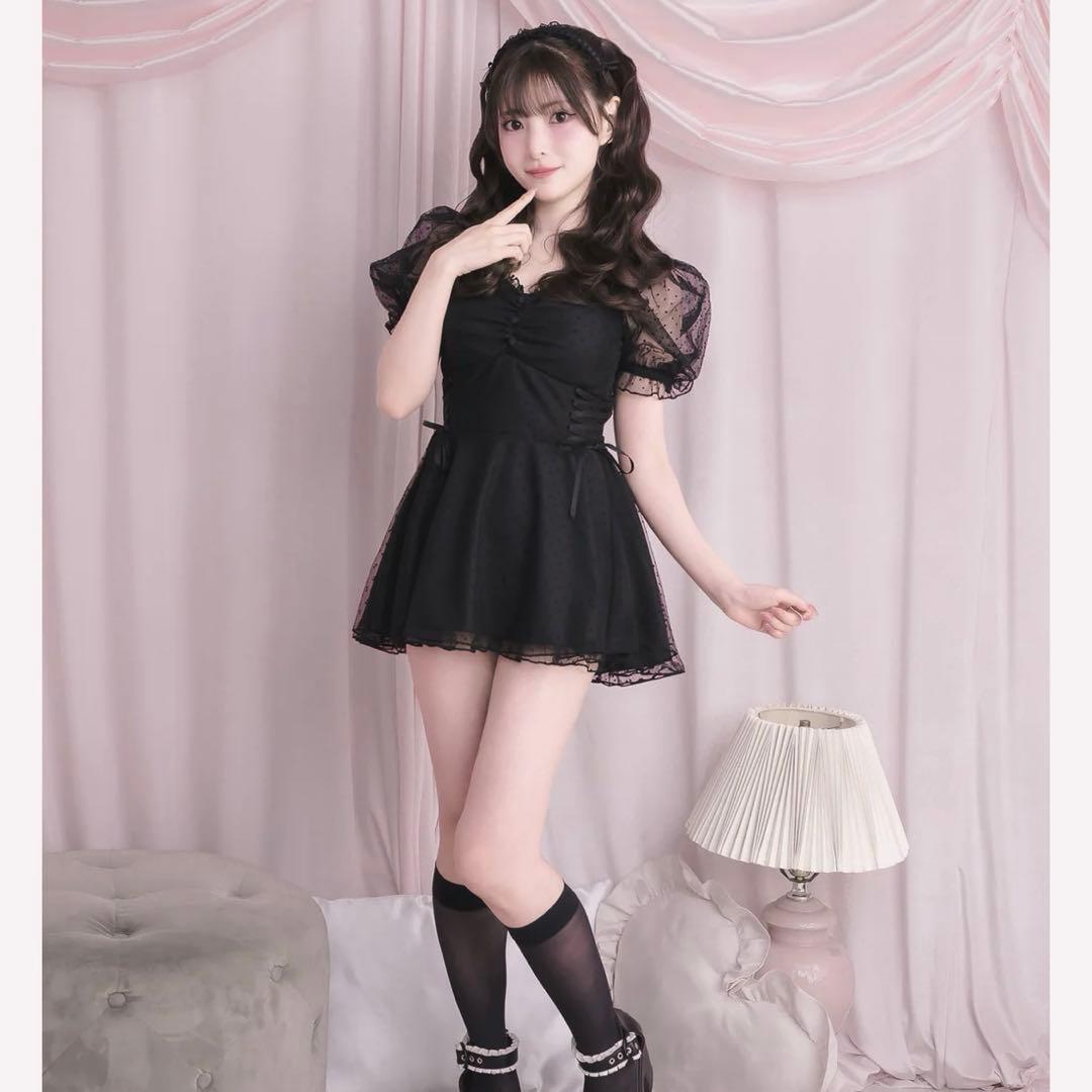 pium 水着 ドットチュールワンピーススイムウェア ブラック