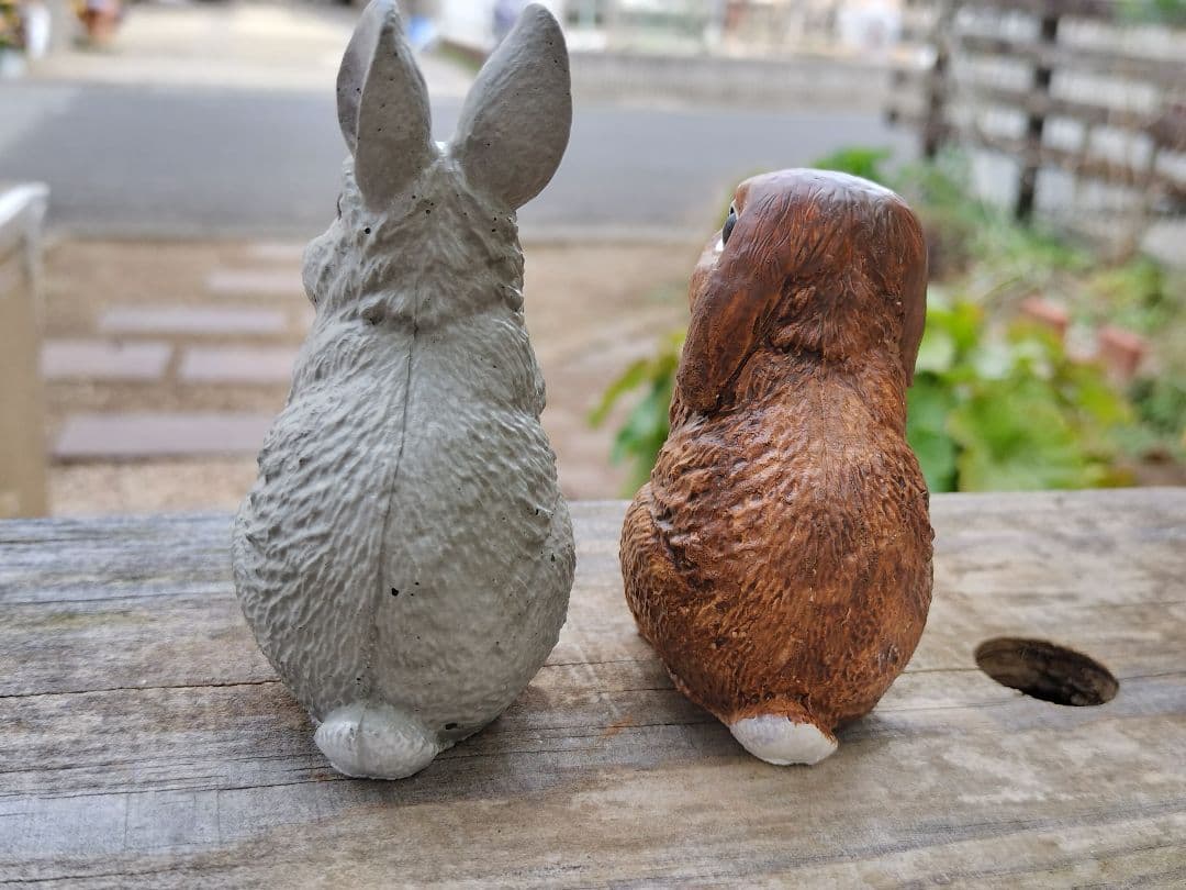 訳ありウサギ2点セット＆スズメ3点　セメントオブジェハンドメイドガーデニング雑貨