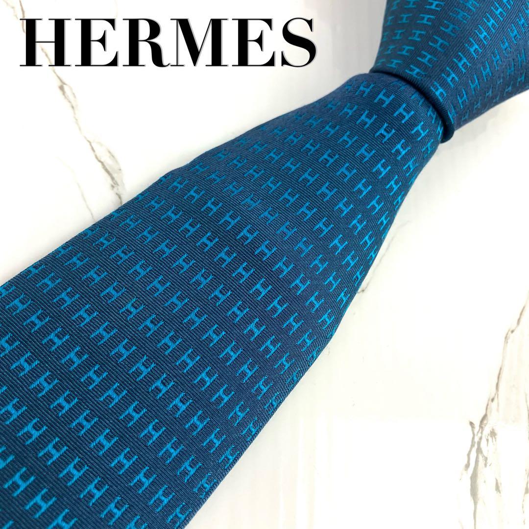 Momo　美品　エルメス　ネクタイ　ファソネ　H柄　H織　ジャガード　ブル