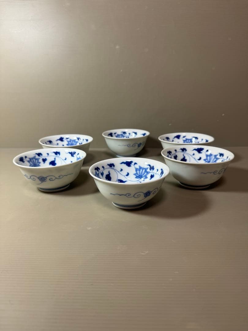 2891 深川製磁　染付唐草蓮花紋　小鉢　6客　時代物