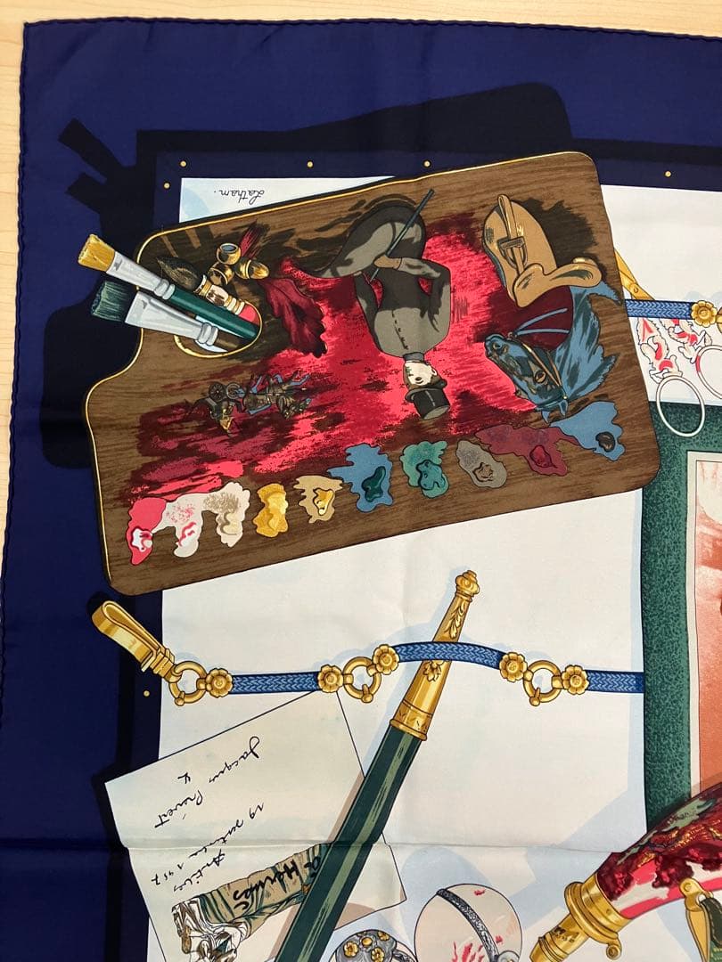 エルメス　シルクスカーフ 歴史的デザイン ネイビー