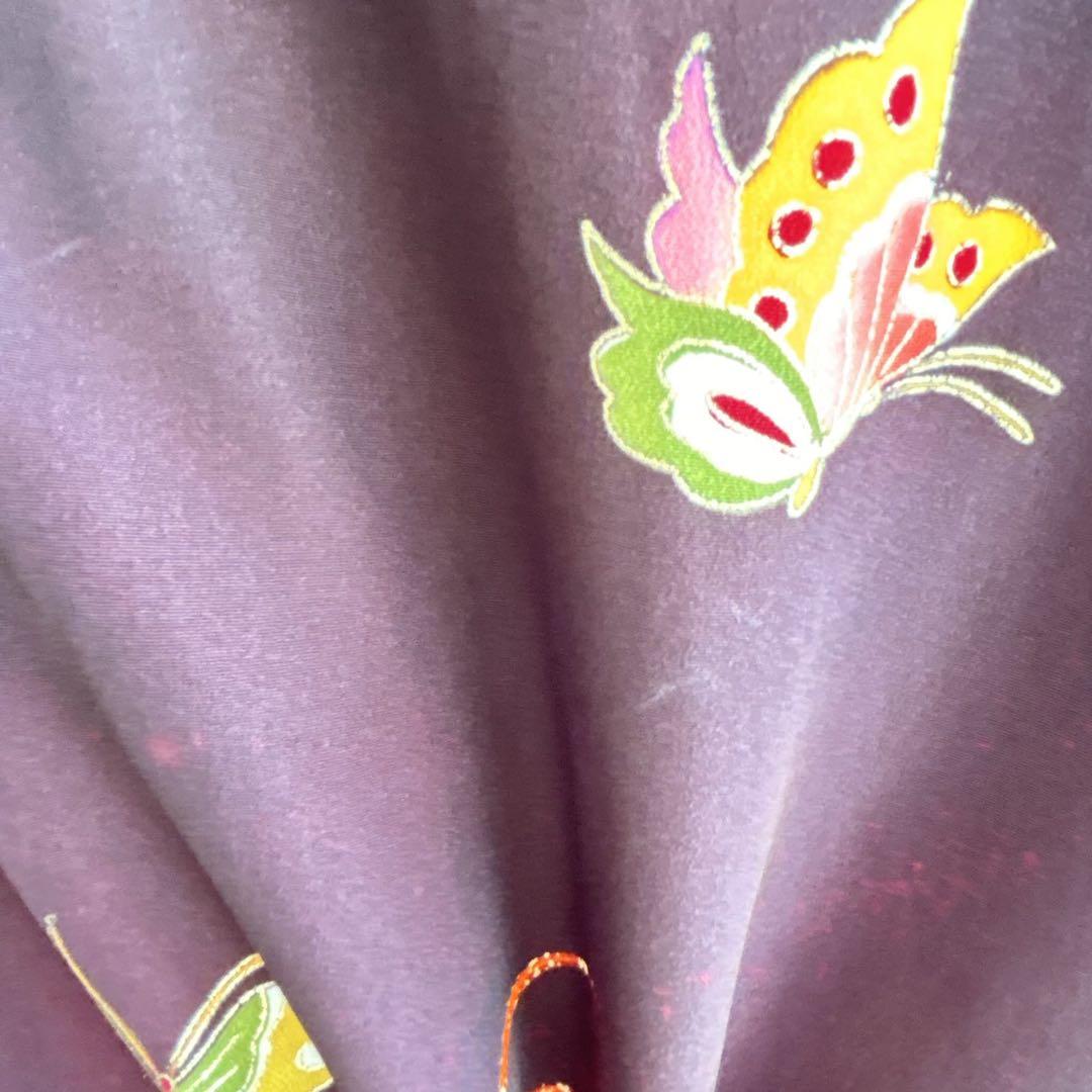 セット　七五三７歳女の子　着物＆帯＆袖なし長襦袢＆小物　黒×赤　蝶　金プリント