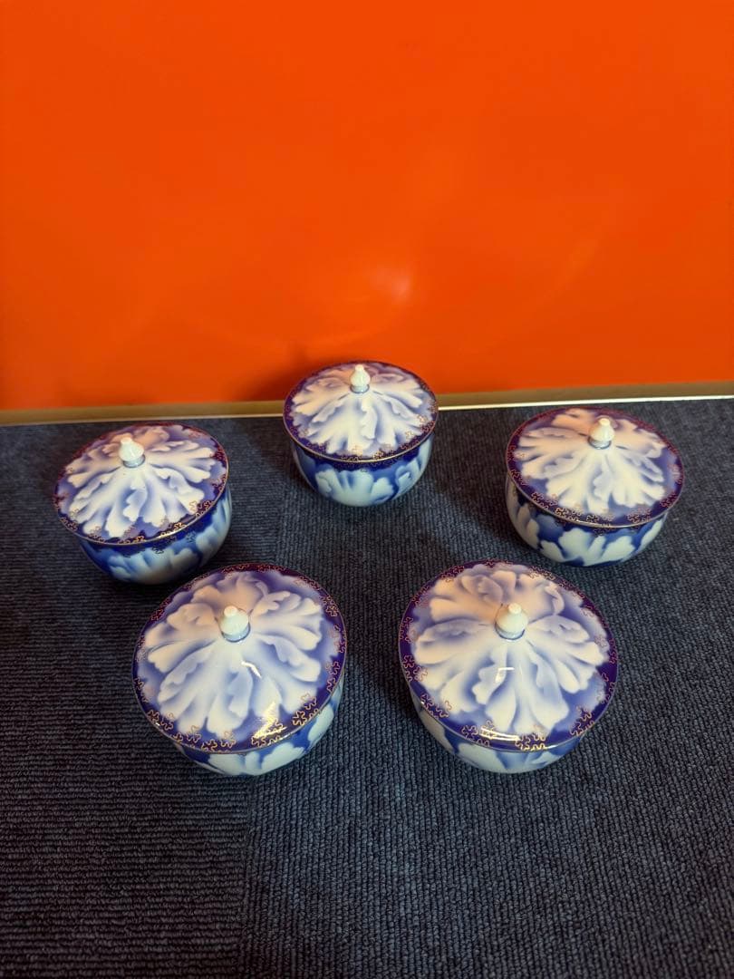 2032 深川製磁　牡丹金ミル　湯呑蓋付　5客　金彩　未使用