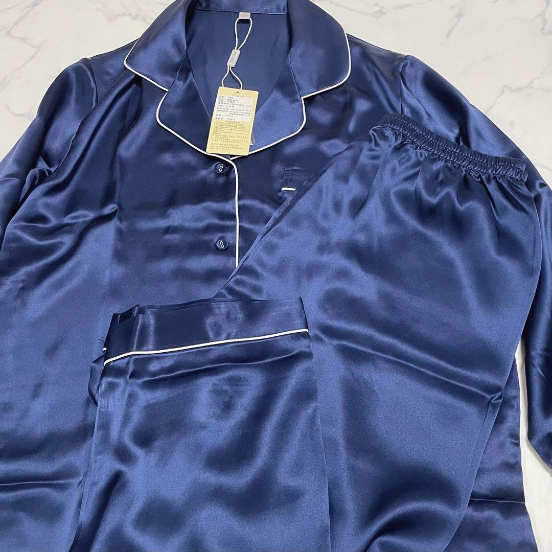 477 新品 レディースパジャマ ネイビー 絹100% 2XL 天然素材
