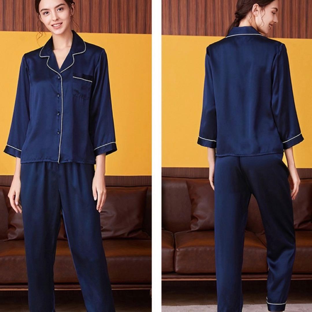 477 新品 レディースパジャマ ネイビー 絹100% 2XL 天然素材