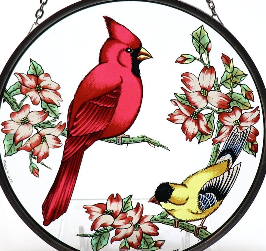 ショウジョウコウカンチョウとオウゴンヒワ ヴィンテージ ステンドグラス