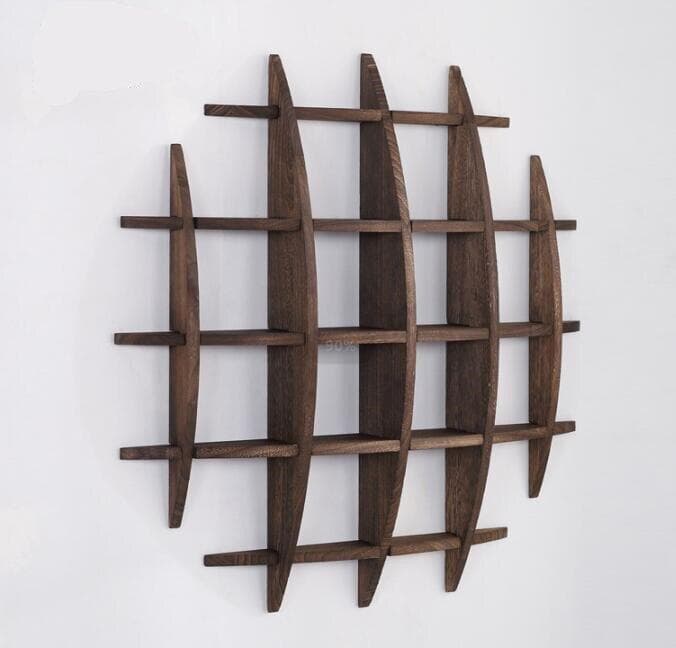 円形木製シェルフ ダークブラウン 茶碗ラック 茶器展示棚