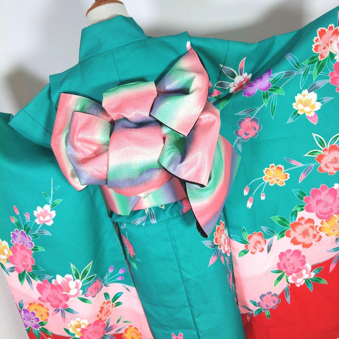 七五三　節句　七歳　7歳　女の子　着物　緑　手鞠　花柄　身丈133cm　帯セット