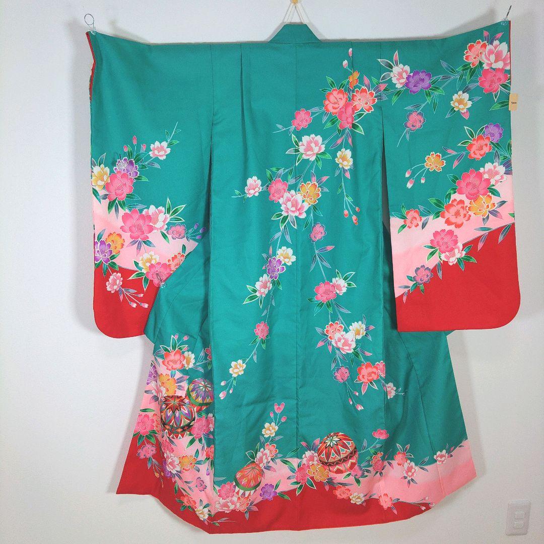 七五三　節句　七歳　7歳　女の子　着物　緑　手鞠　花柄　身丈133cm　帯セット