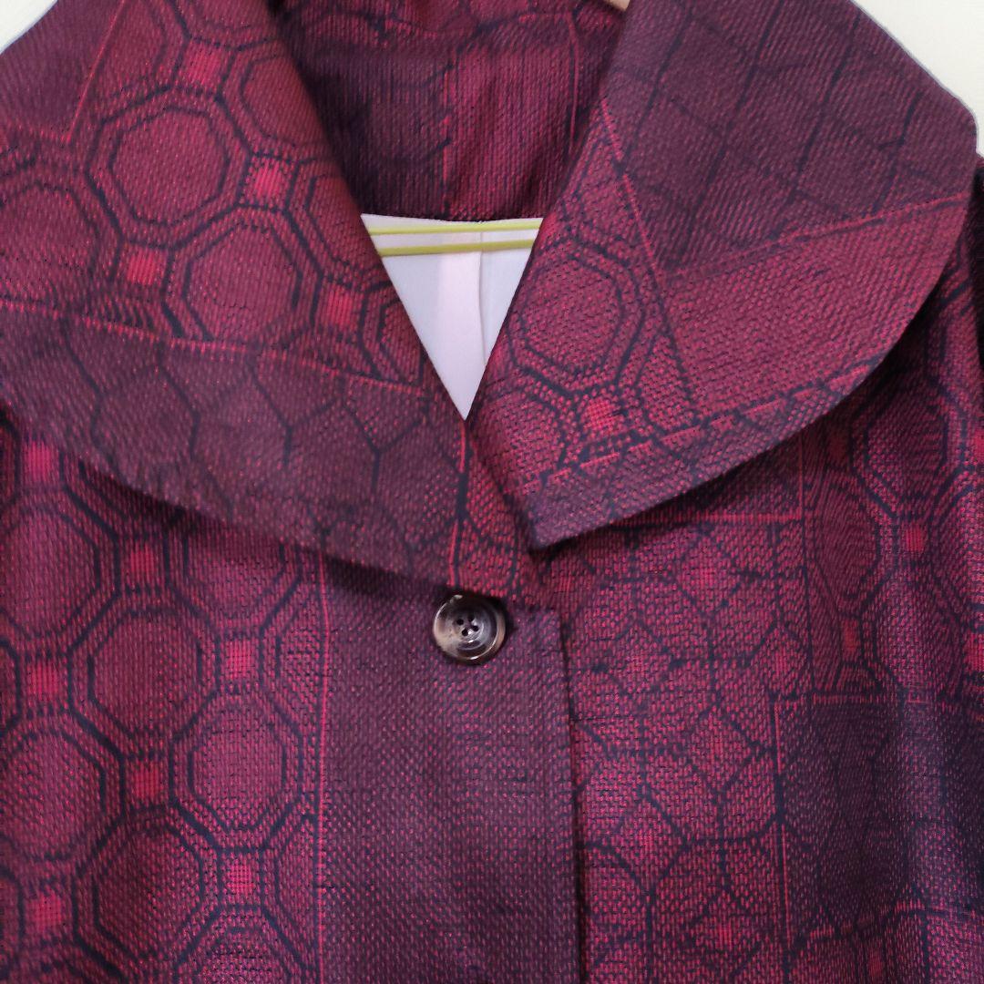 専用出品大島紬エンジ黒系幾何学模様大きな襟総裏地付きロングコート