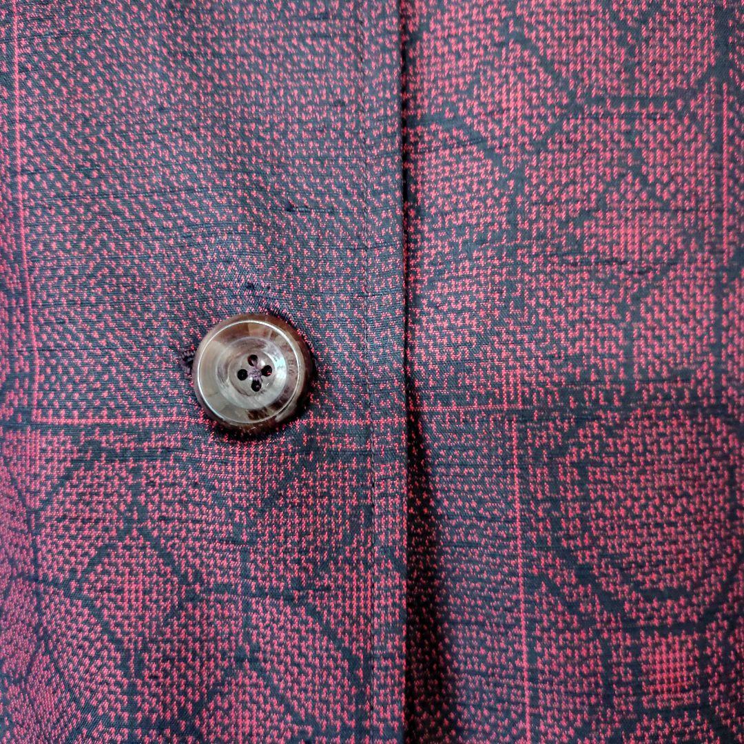 専用出品大島紬エンジ黒系幾何学模様大きな襟総裏地付きロングコート