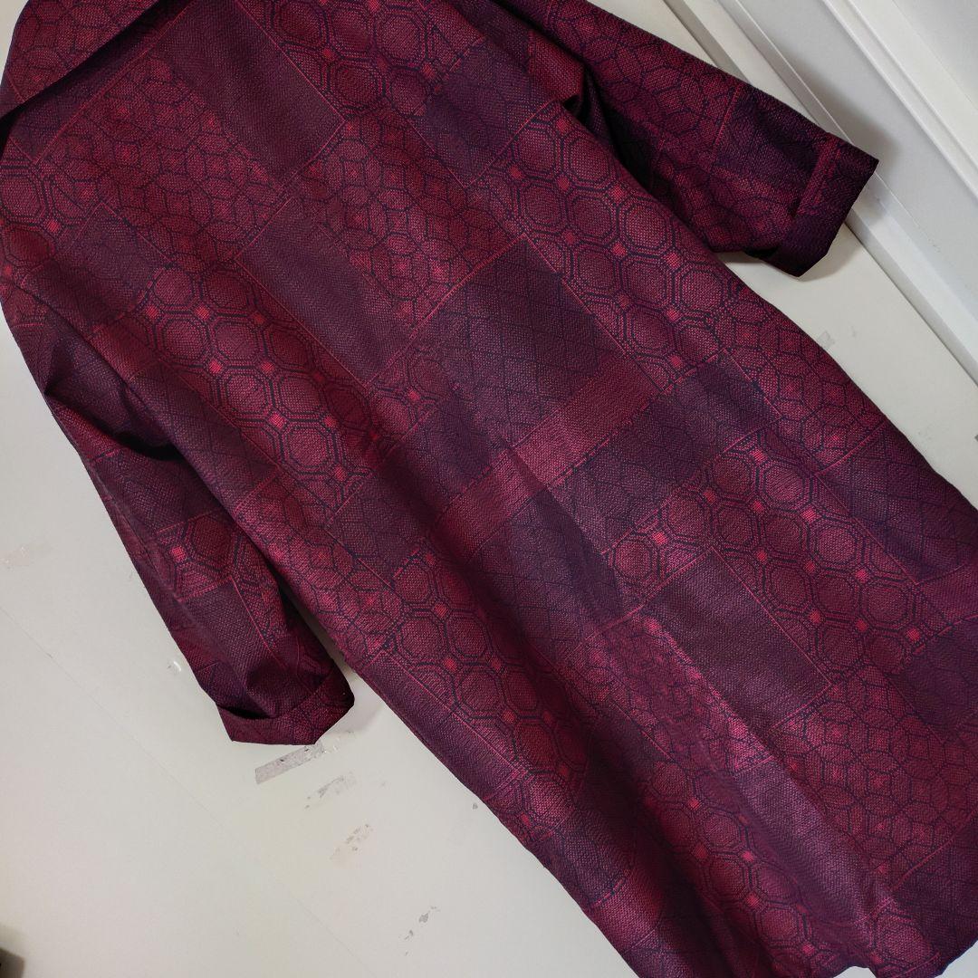 専用出品大島紬エンジ黒系幾何学模様大きな襟総裏地付きロングコート