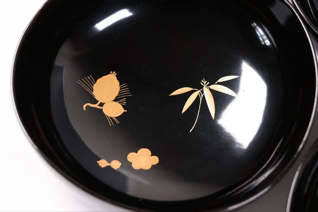 【CM414】輪島塗 松竹梅 金蒔絵 木瓜形 黒塗椀 三客 天然木漆塗 漆器