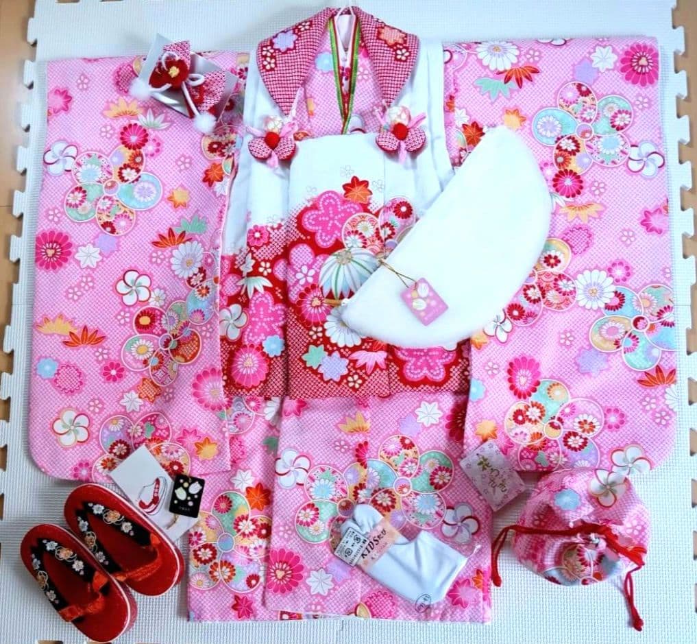 美品　花うさぎ　３歳　七五三 　女の子　ピンク 　花柄 被布　着物セット
