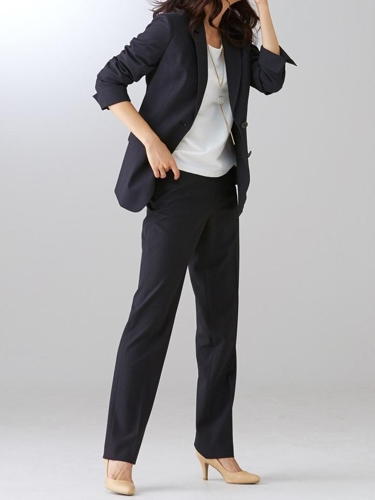 新品☆13号L♪黒系無地♪テーラード＆ストレートパンツスーツ♪お仕事◯D431