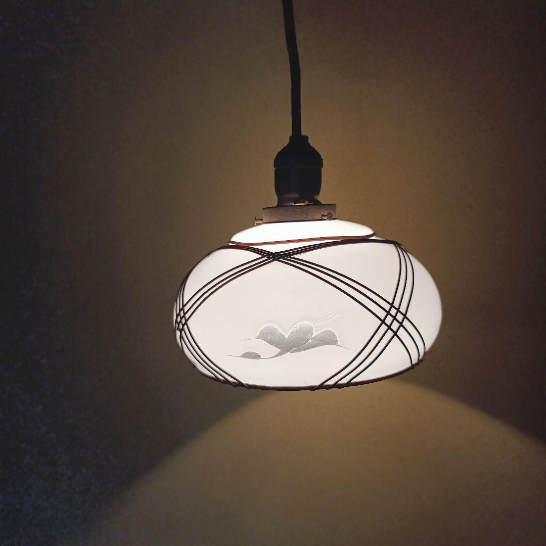 【白】 切子 電笠 ガラス 花模様 被せ 照明 大正 ライト 乳白 シェード