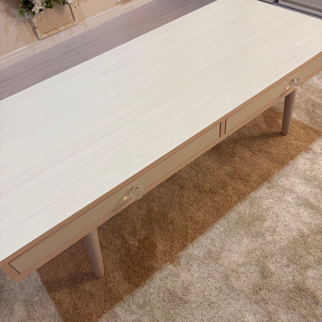 ホワイトウッド北欧風引き出し付きテーブル　ビジュー取っ手付き