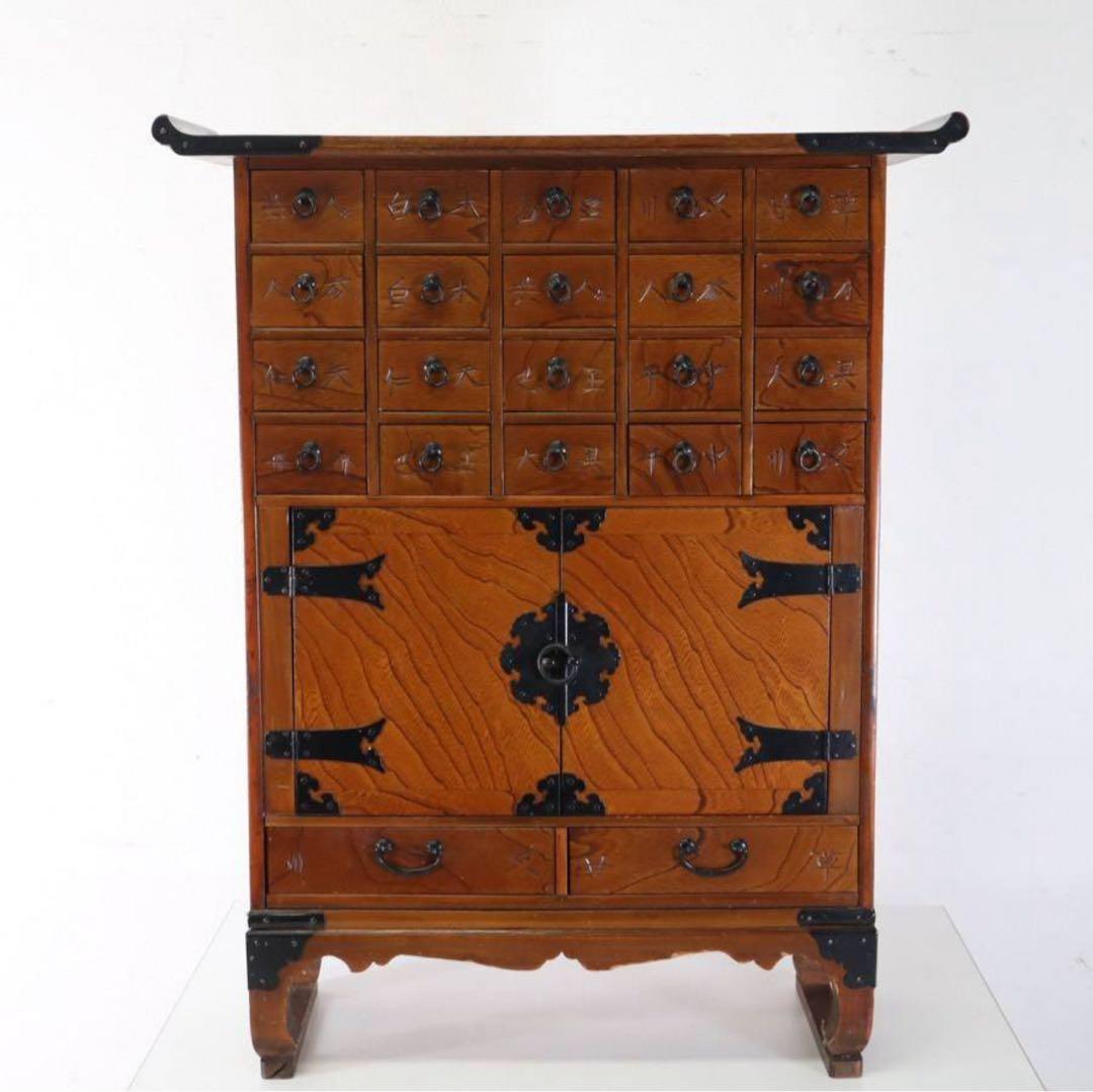 李朝家具 欅 彫り文字 20杯 ヤクジャン 薬箪笥 小物入れ 引き出し 古家具