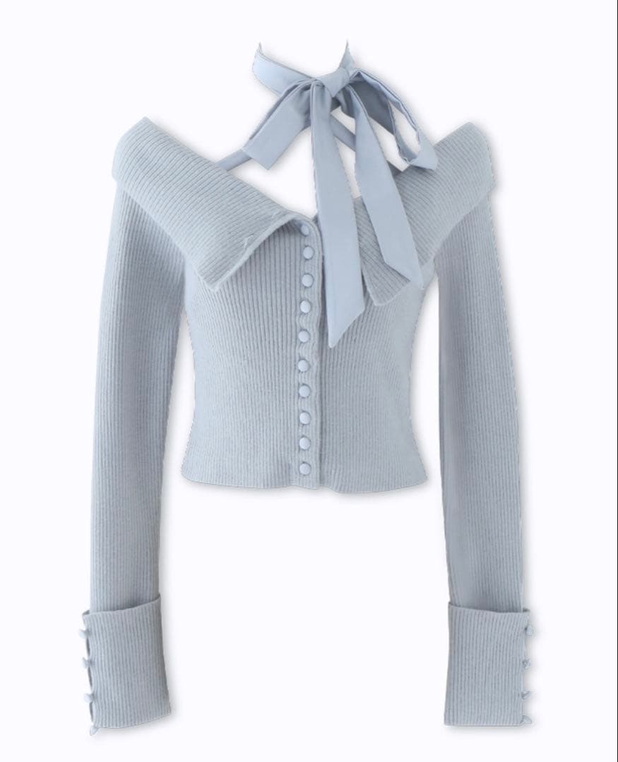 エムミーエメ デコルテ リボン オフショルダー ニット トップス ブルー