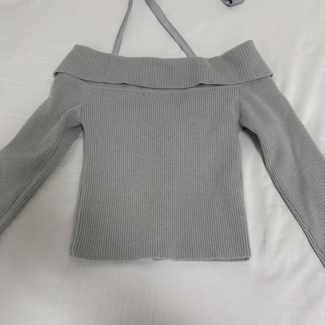 エムミーエメ デコルテ リボン オフショルダー ニット トップス ブルー