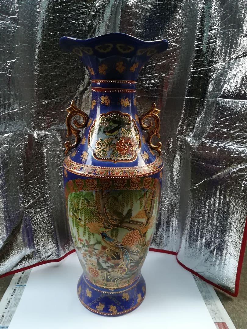 大型花瓶 中国美術 陶器 青 花器 壺 花入れ 双耳壺 飾壺 金色 中国製 高級