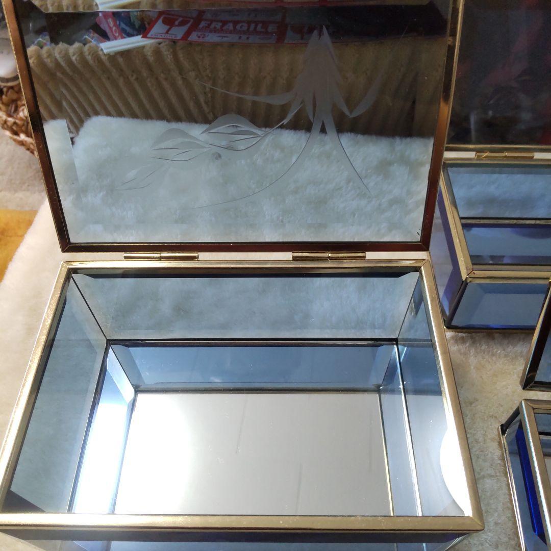 最終値下げ　昭和　レトロガラス小物入れ　ブルーガラス　ジュエリーボックス　3個組