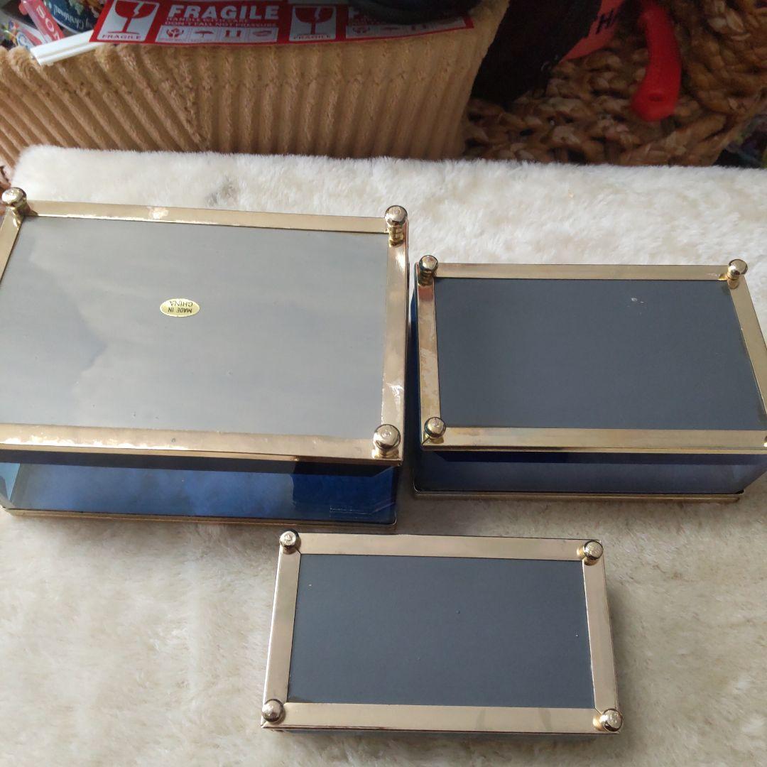 最終値下げ　昭和　レトロガラス小物入れ　ブルーガラス　ジュエリーボックス　3個組