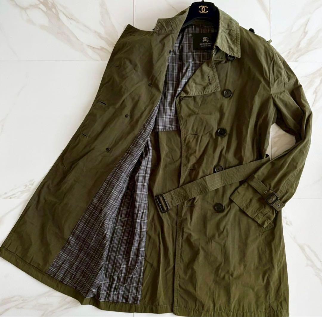 バーバリーブラックレーベル トレンチコート ベルト付 背抜き XL カーキ