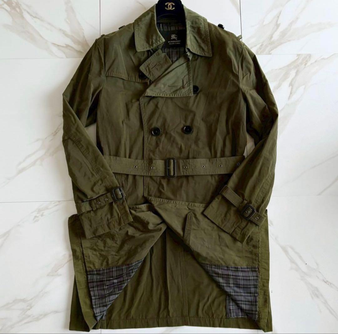 バーバリーブラックレーベル トレンチコート ベルト付 背抜き XL カーキ