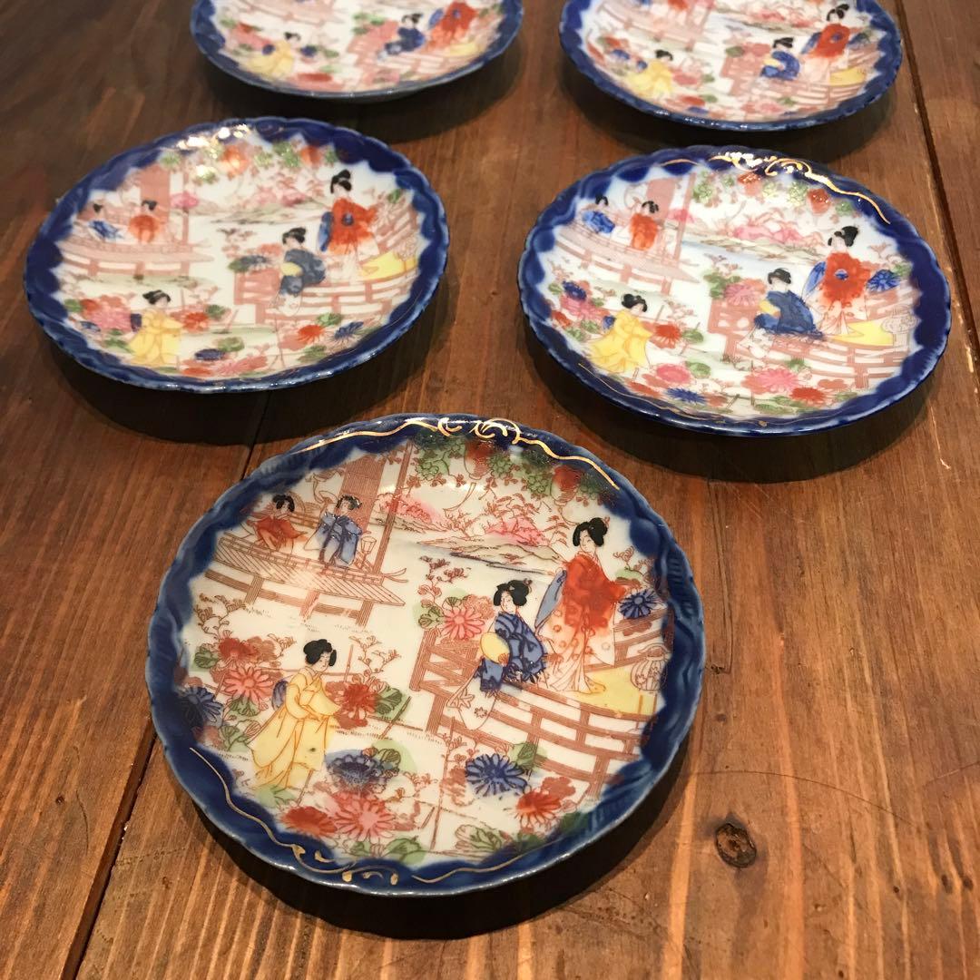 美品　陶芸　希少　年代物　青絵皿　菊花　銘々皿　丁寧に描れた　華やかな　薄い作り