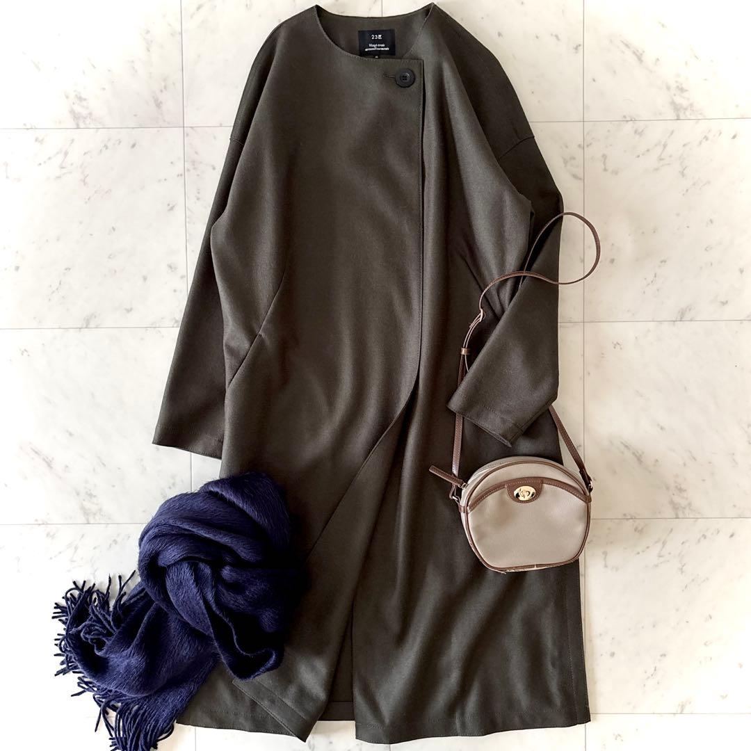 美品 23区 ダブルクロス ノーカラーコート ウール リバーコート カーキ