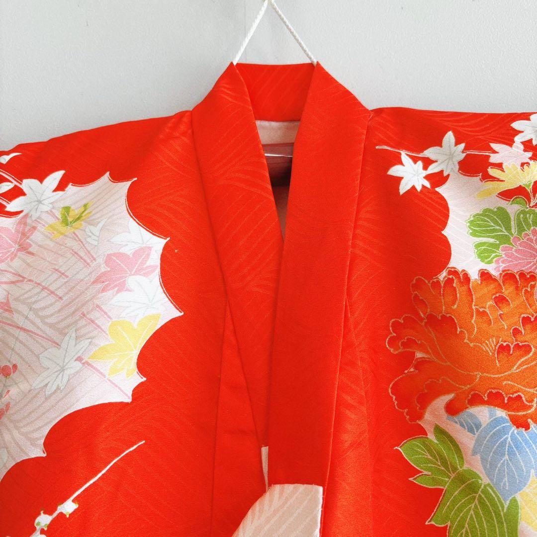 美品　お宮参り　産着　祝着　0歳　女の子　オレンジ　鳥　金糸　長襦袢なし7003