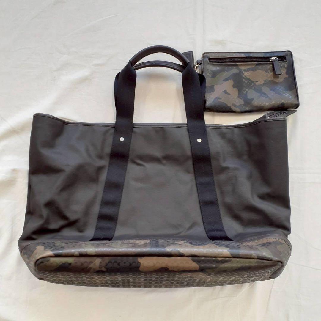 【良品】COACH コーチ 迷彩トートバッグ ポーチ付き 大容量