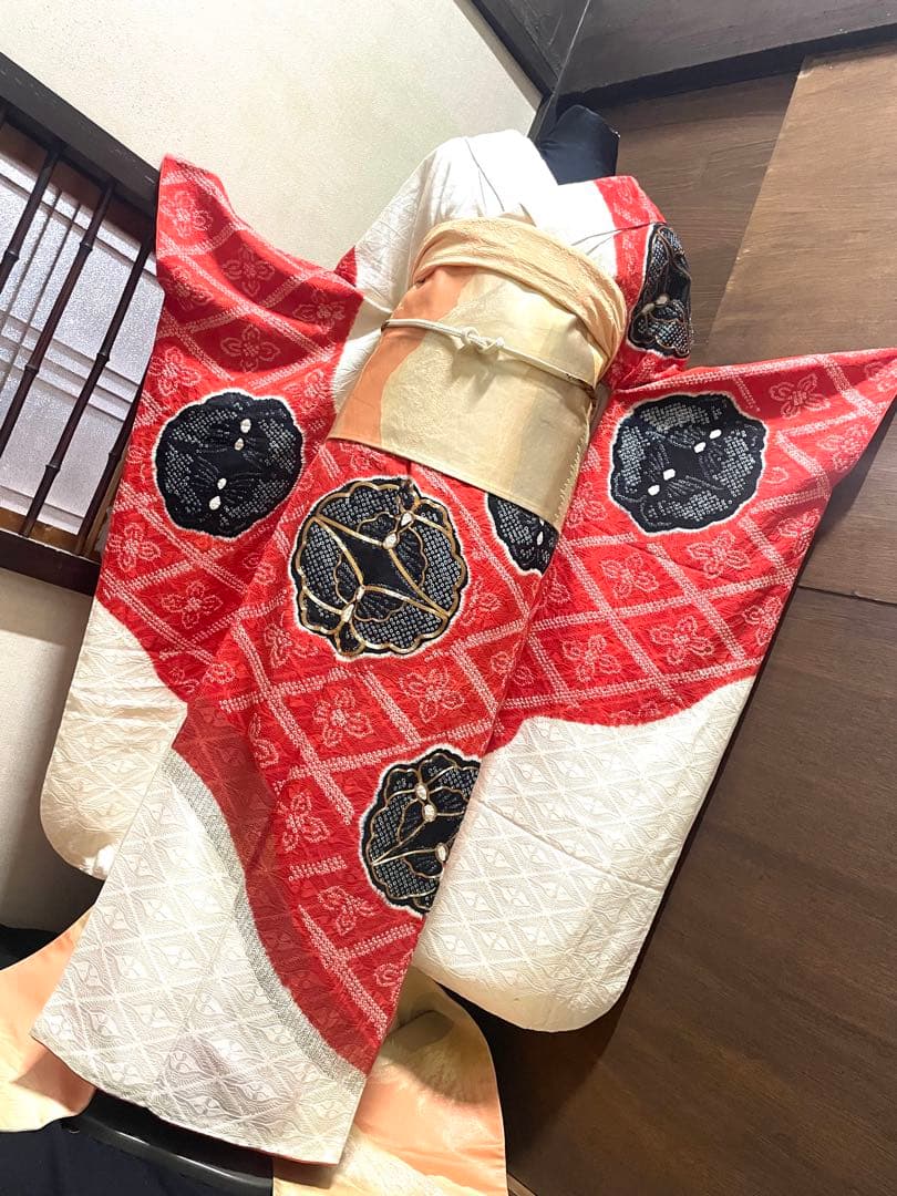 振袖フルセット6点サイズS〜M 駒刺繍　絞り　花蝶文　向かい鶴やまと誂製　正絹